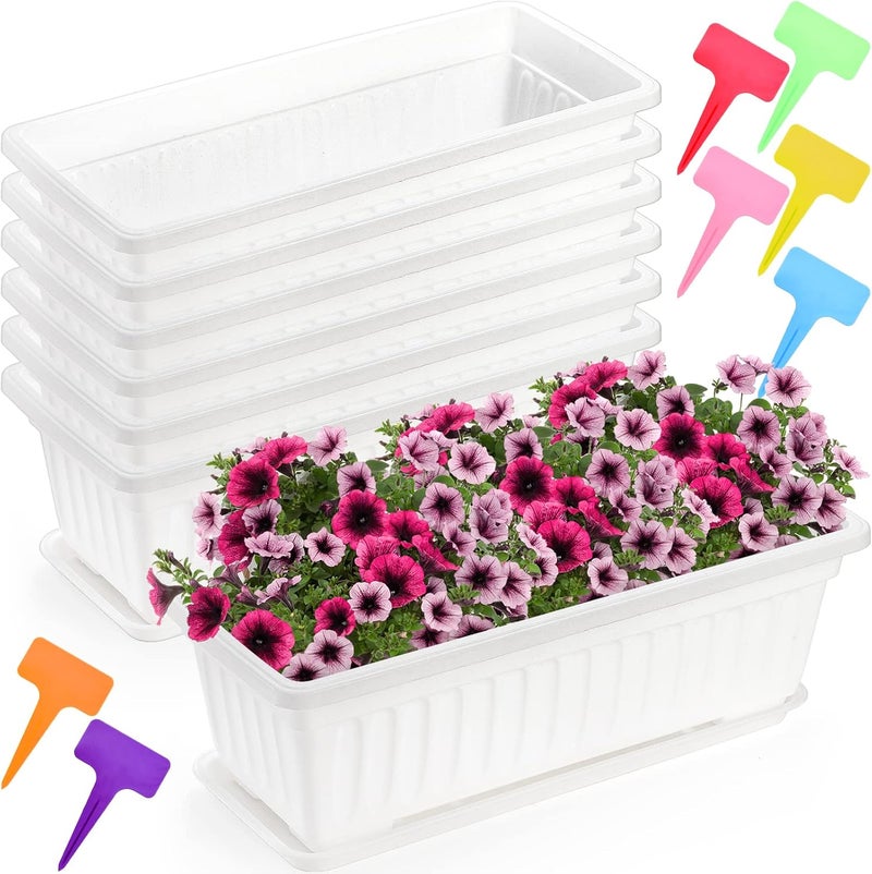 Fasmov 7 Pack 17 Inches White Flower Window Box Plastic Vegetable Planters with Trays Vegetables Growing Container Garden Flower Plant Pot for Balcony, Window Sill, Patio, Garden, White - Image 1